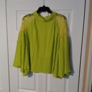 Pleated Lime Green Blouse with Lace Shoulder Detail